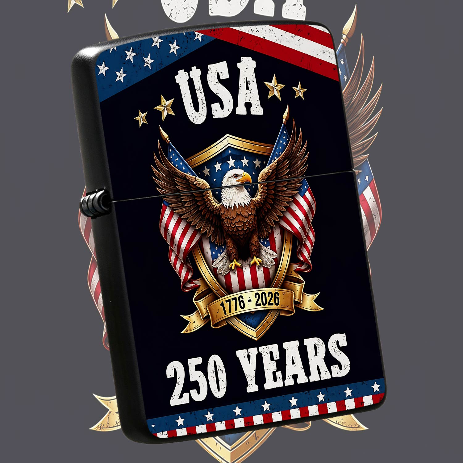 Outdoor Camping Usa - ไฟแช็กฉลองครบรอบ 250 ปีสหรัฐอเมริกา 1776-2026 ดีไซน์โล่สีขาว ไฟแช็กพกพาแบบคลาสสิก