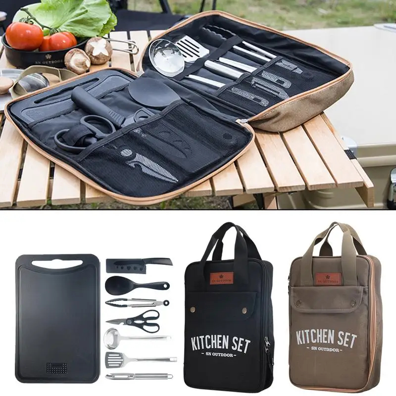 Outdoor Camping Dining Set - ชุดเครื่องครัวแคมป์ปิ้ง 8 ชิ้น ชุดอุปกรณ์ทำอาหารพกพาสำหรับเดินทางกลางแจ้ง ทำจากสแตนเลส สำหรับทำอาหารและปิ้งย่าง